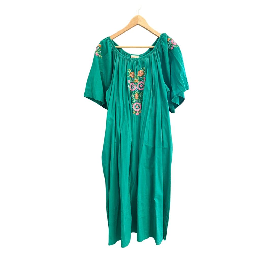 The Vermont Country Store Dress L Green Embroidered Floral Cotton Gauze Peasant